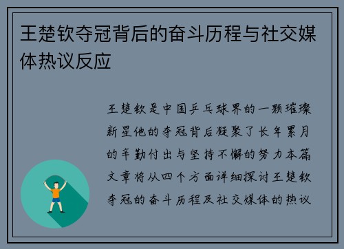 王楚钦夺冠背后的奋斗历程与社交媒体热议反应